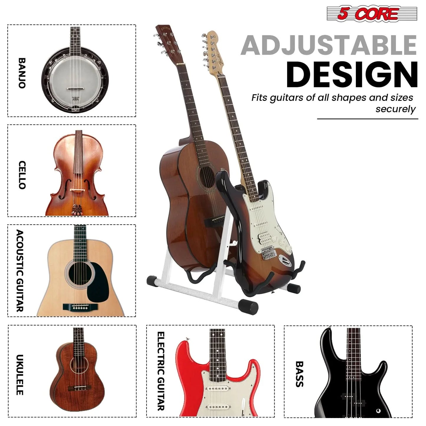 5Core Double Guitar Stand Floor Adjustable a Frame Folding Acoustic Electric Guitars Holder Stands
