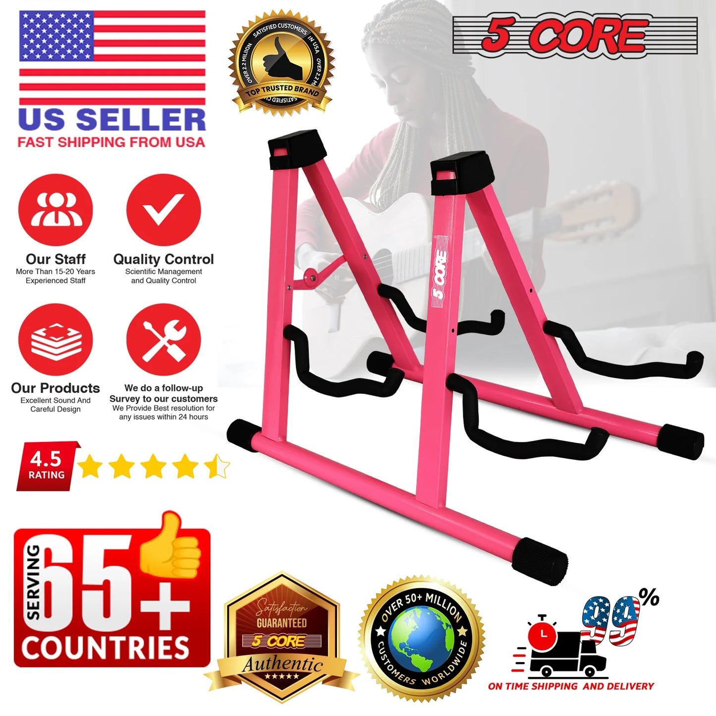 5Core Double Guitar Stand Floor Adjustable a Frame Folding Acoustic Electric Guitars Holder Stands
