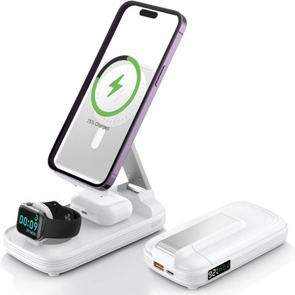 5 in 1 Wireless Charging Station with 10000Mah Power Bank Digital Display Automatic Magnetic 20W Fast Charger Station Stand Compatible with Iphone 16/ 15/ 14/ 13/ 12 All Series & Airpods