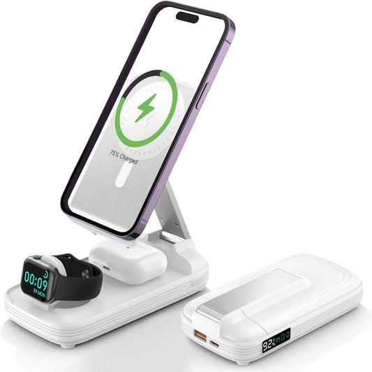 5 in 1 Wireless Charging Station with 10000Mah Power Bank Digital Display Automatic Magnetic 20W Fast Charger Station Stand Compatible with Iphone 16/ 15/ 14/ 13/ 12 All Series & Airpods
