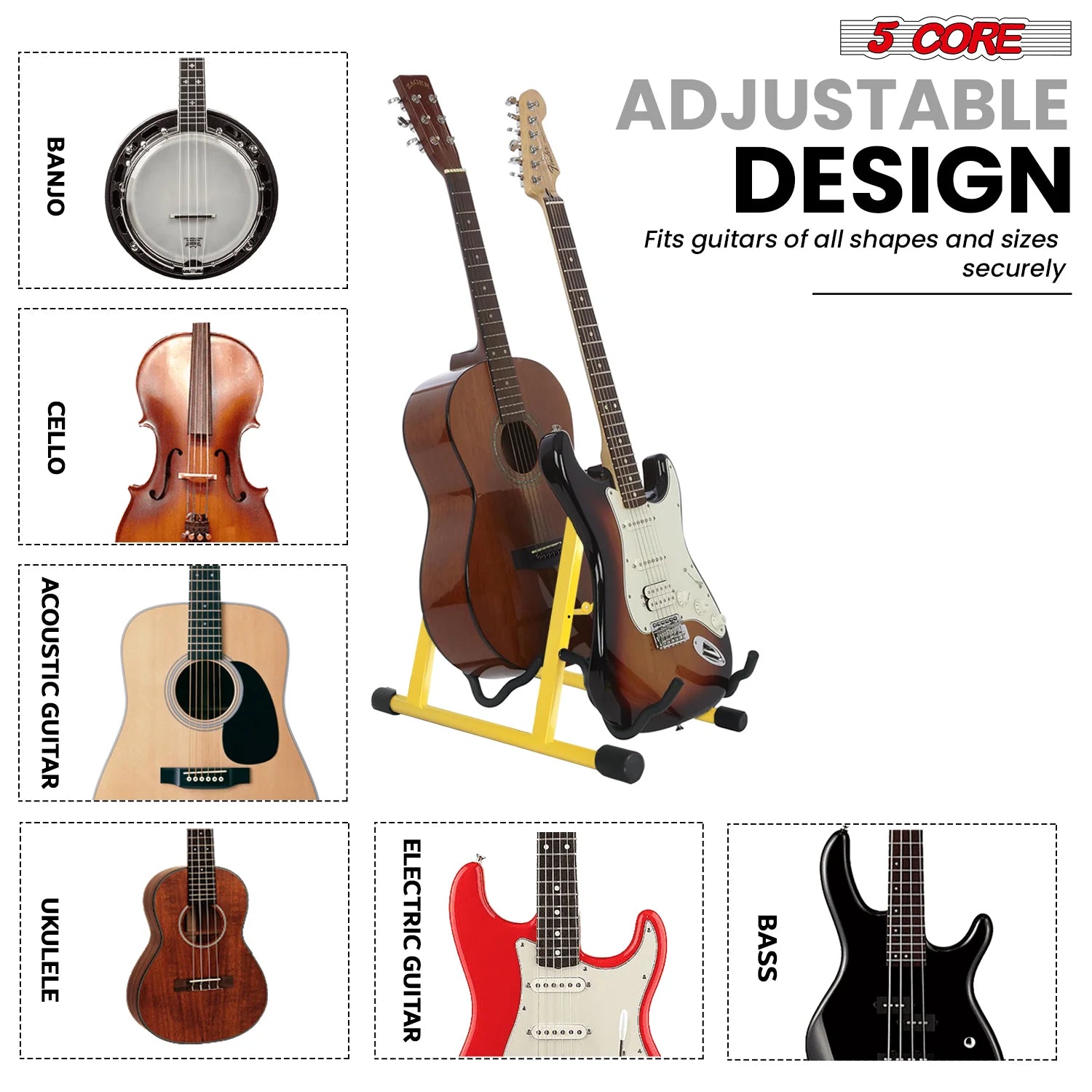5Core Double Guitar Stand Floor Adjustable a Frame Folding Acoustic Electric Guitars Holder Stands