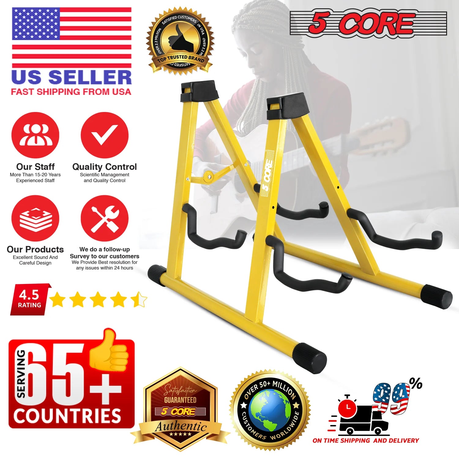 5Core Double Guitar Stand Floor Adjustable a Frame Folding Acoustic Electric Guitars Holder Stands