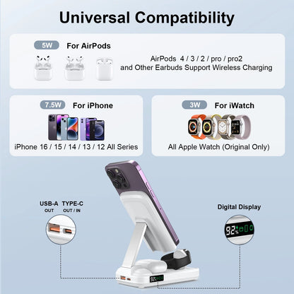 5 in 1 Wireless Charging Station with 10000Mah Power Bank Digital Display Automatic Magnetic 20W Fast Charger Station Stand Compatible with Iphone 16/ 15/ 14/ 13/ 12 All Series & Airpods
