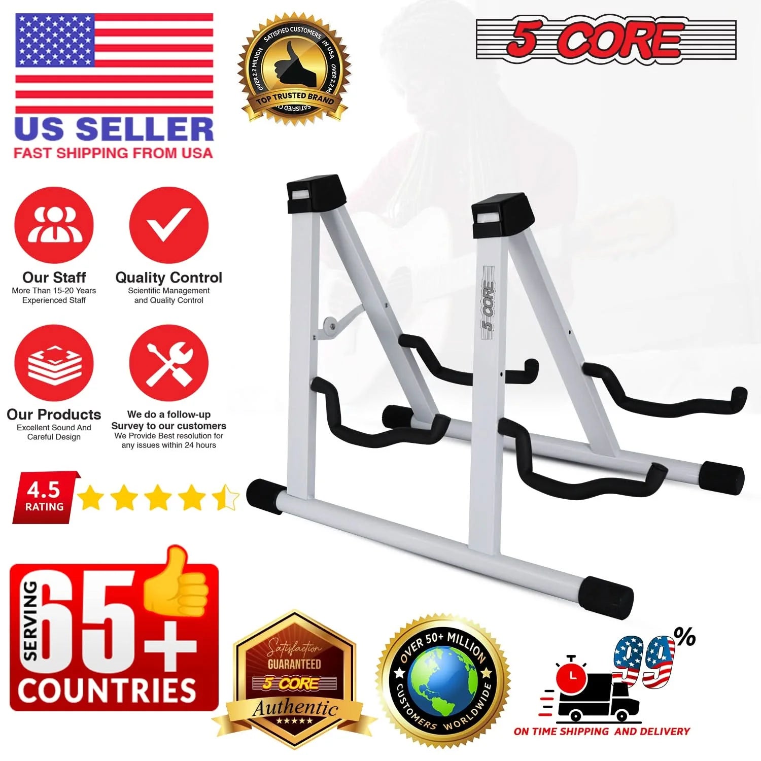 5Core Double Guitar Stand Floor Adjustable a Frame Folding Acoustic Electric Guitars Holder Stands