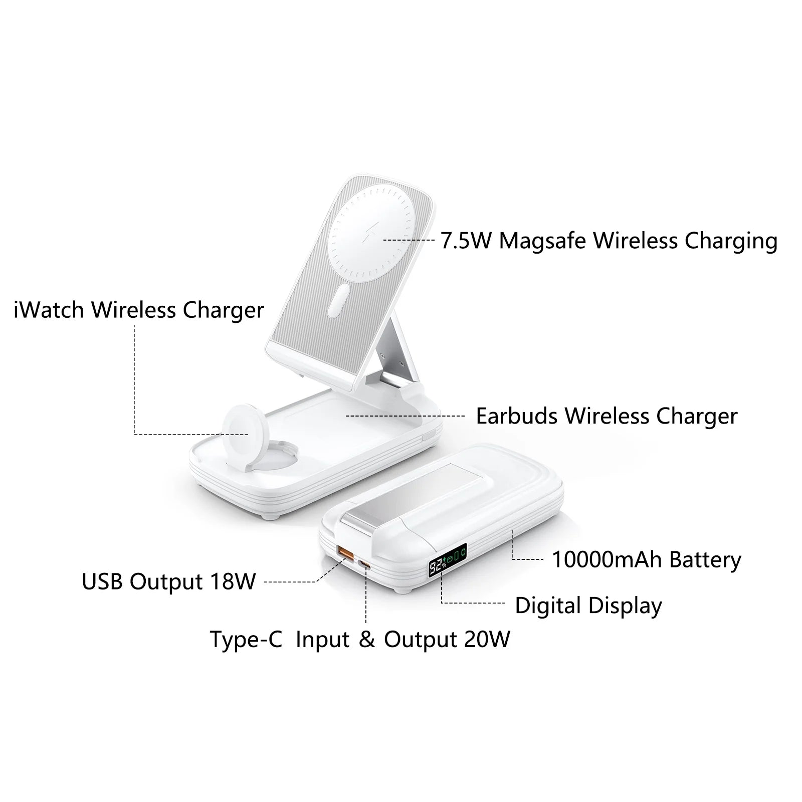 5 in 1 Wireless Charging Station with 10000Mah Power Bank Digital Display Automatic Magnetic 20W Fast Charger Station Stand Compatible with Iphone 16/ 15/ 14/ 13/ 12 All Series & Airpods
